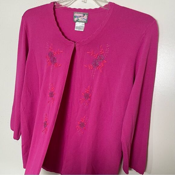 April Cornell Beaded Open Cardigan Large Pink Floral Embroidered Crochet Trim - Picture 3 of 11